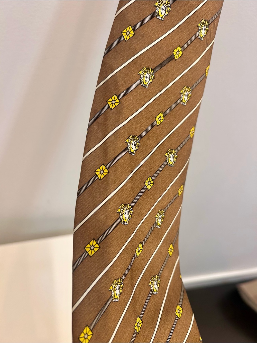 Vintage Versace Classic V2 100% Silk Medusa Tie Brown Gold 4” Wide